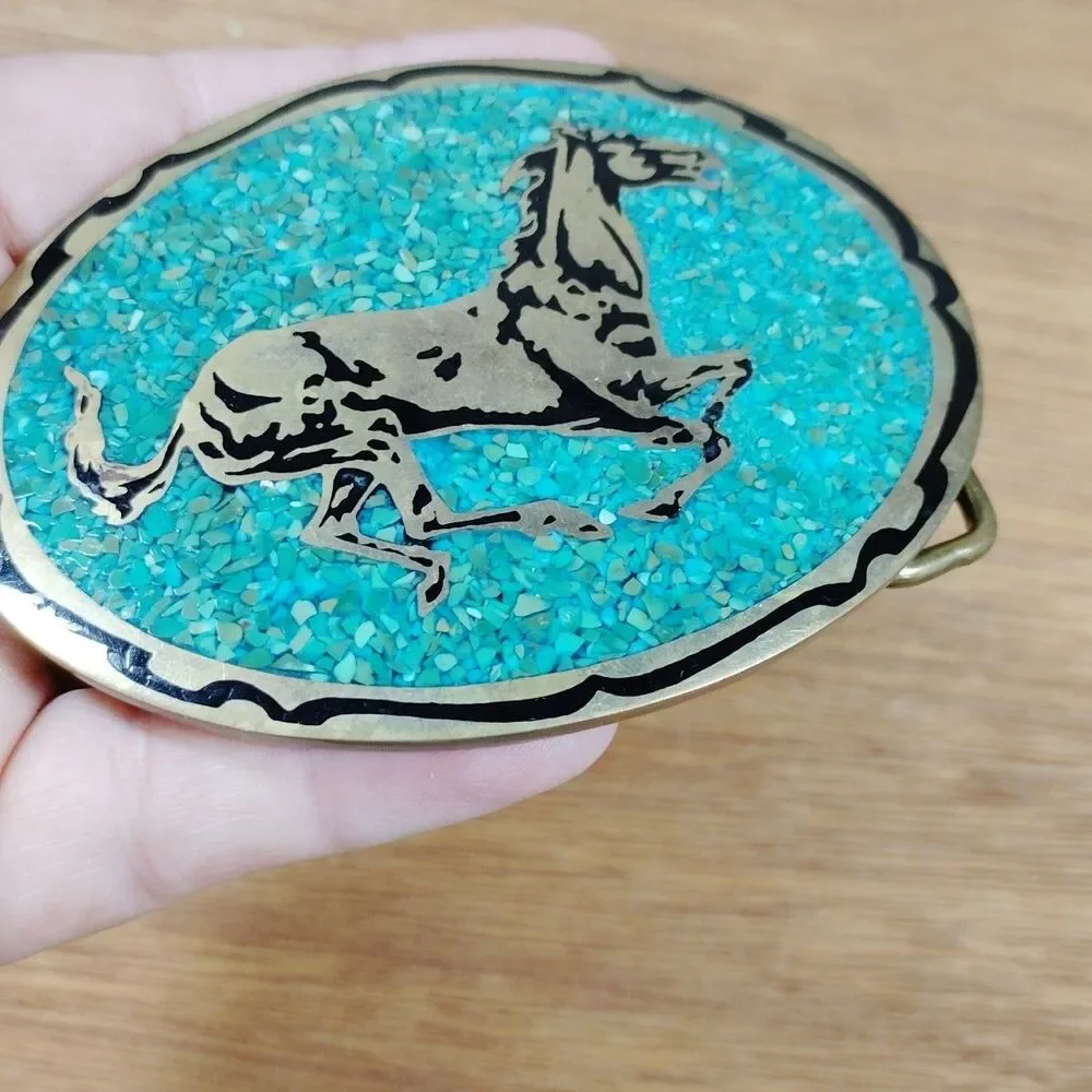 Vintage Belt Buckle Turquoise Chip Inlay Horse Oval Western Rodeo Cowboy 1981